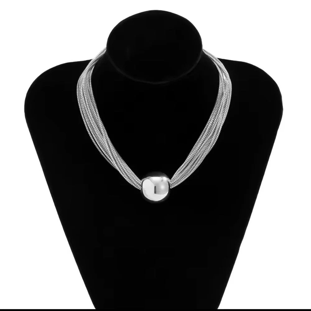 NEW SILVER STATEMENT MULTISTRAND SNAKE CHAIN NECKLACE BALL SPHERE CHOKER PENDANT - Picture 3 of 4